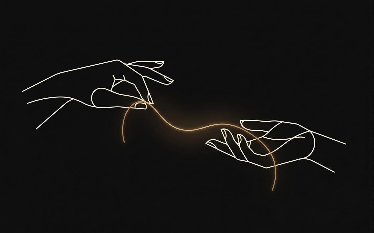 Two hands connecting, joined by a golden thread, precision matching